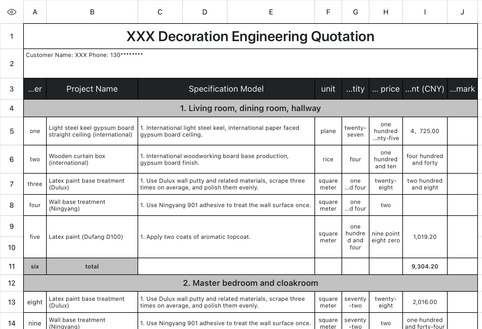 Decoration Engineering Quotation